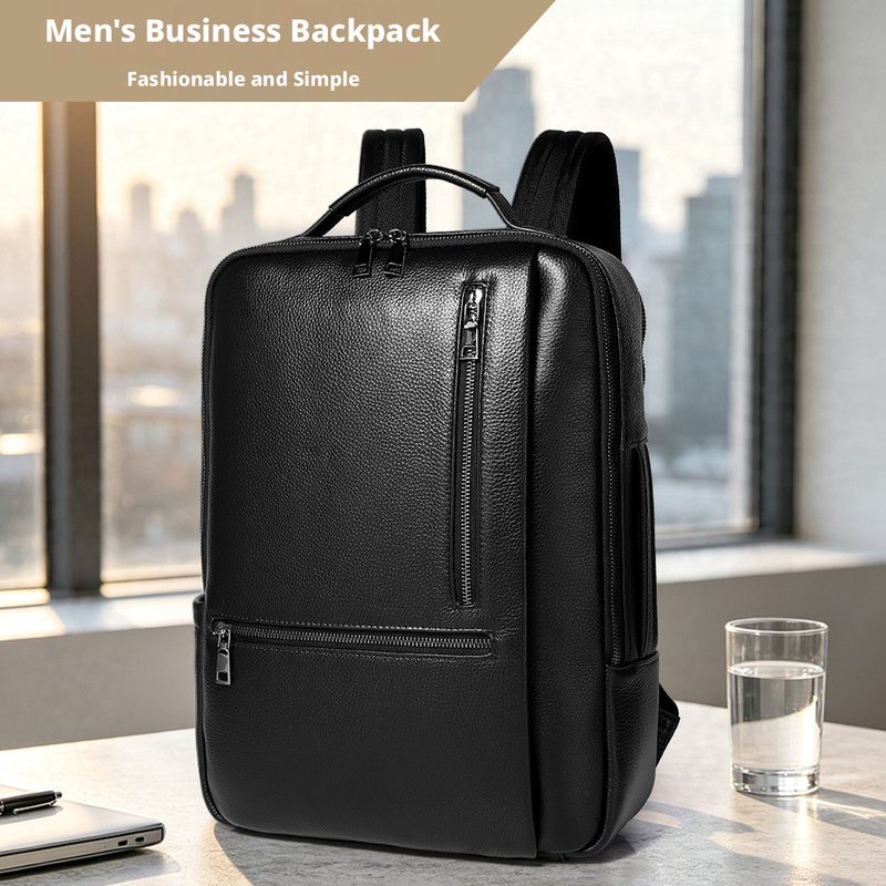 Leather Work Rucksack Mens - Mochila de cuero genuino negro para